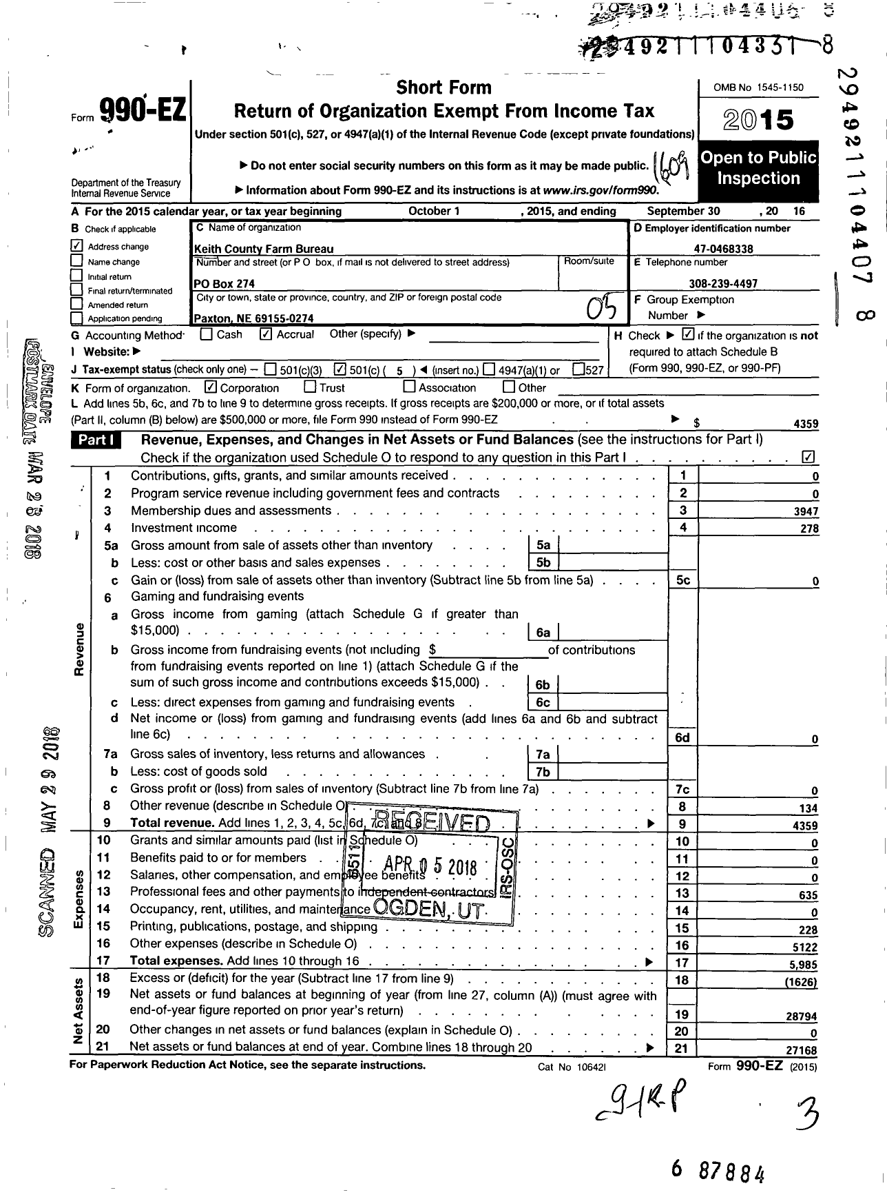 Image of first page of 2015 Form 990EO for Keith County Farm Bureau