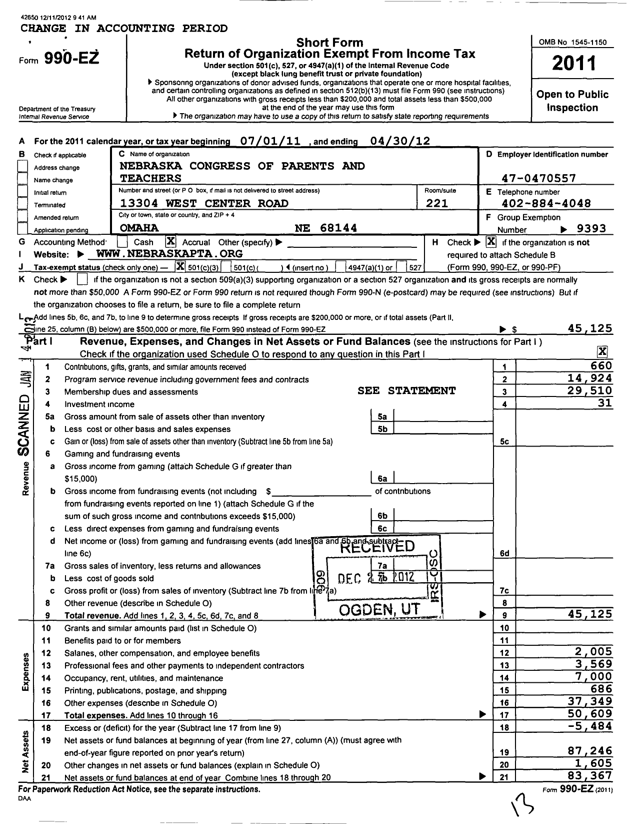 Image of first page of 2011 Form 990EZ for Nebraska Congress of Parents and Teachers