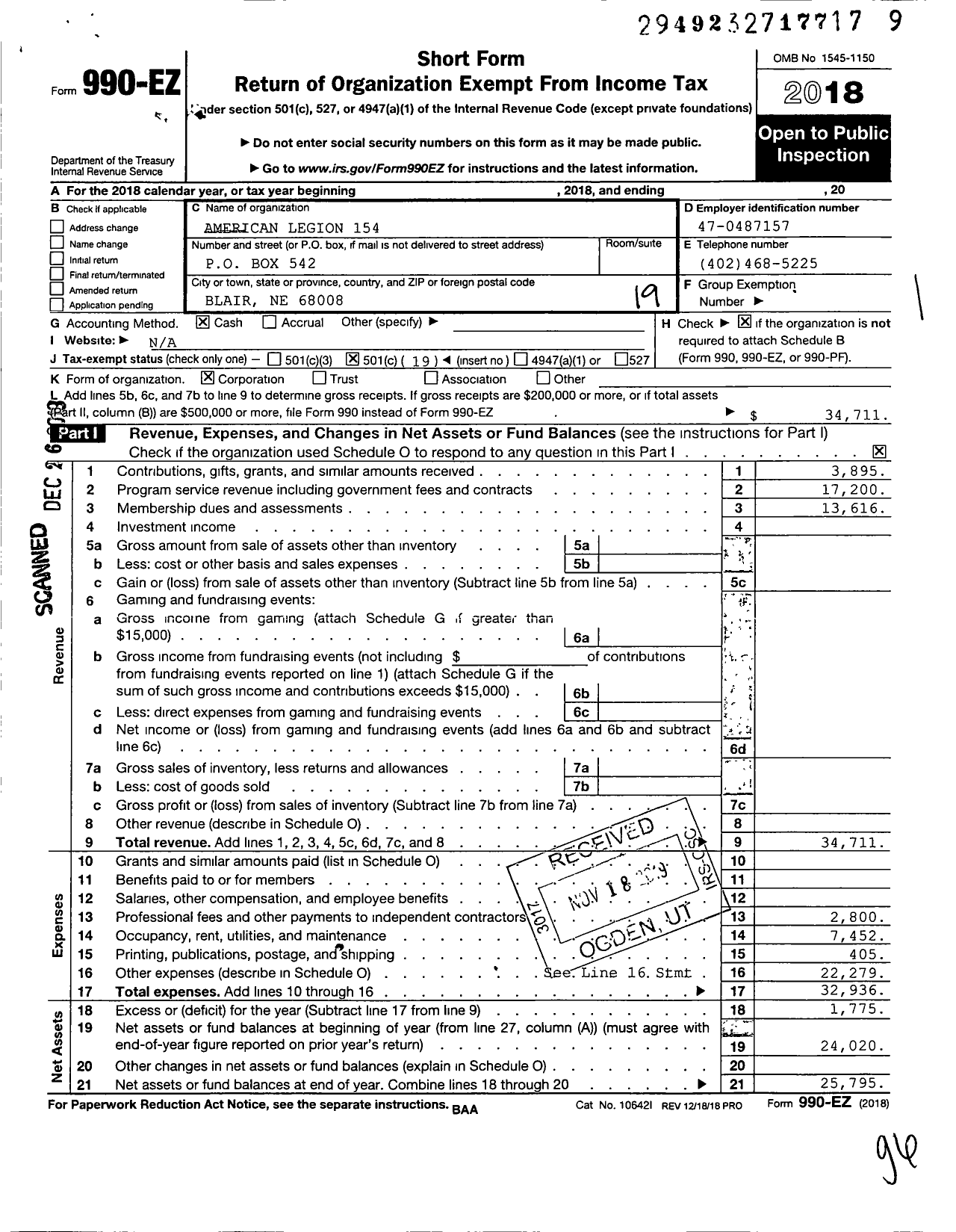 Image of first page of 2018 Form 990EO for American Legion - 0154 Hain-Flynn