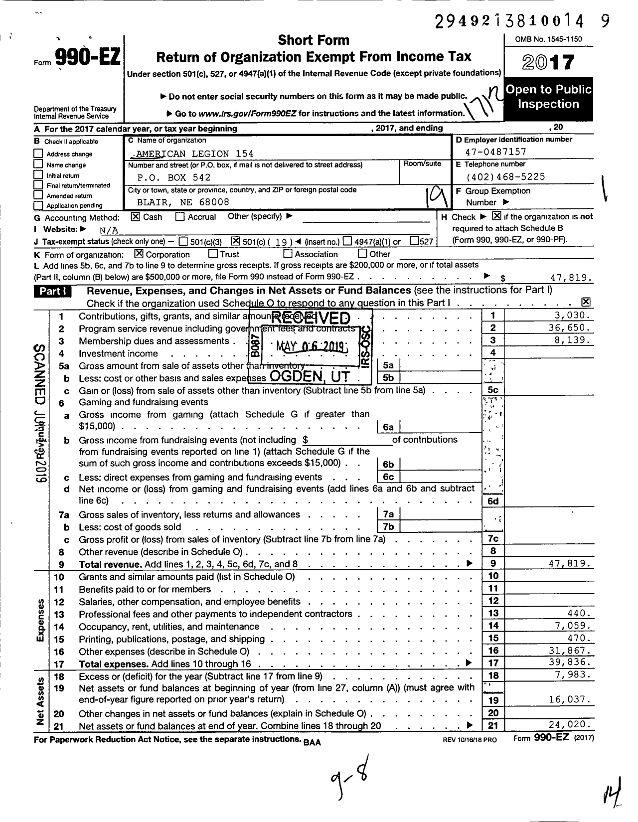 Image of first page of 2017 Form 990O for American Legion - 0154 Hain-Flynn