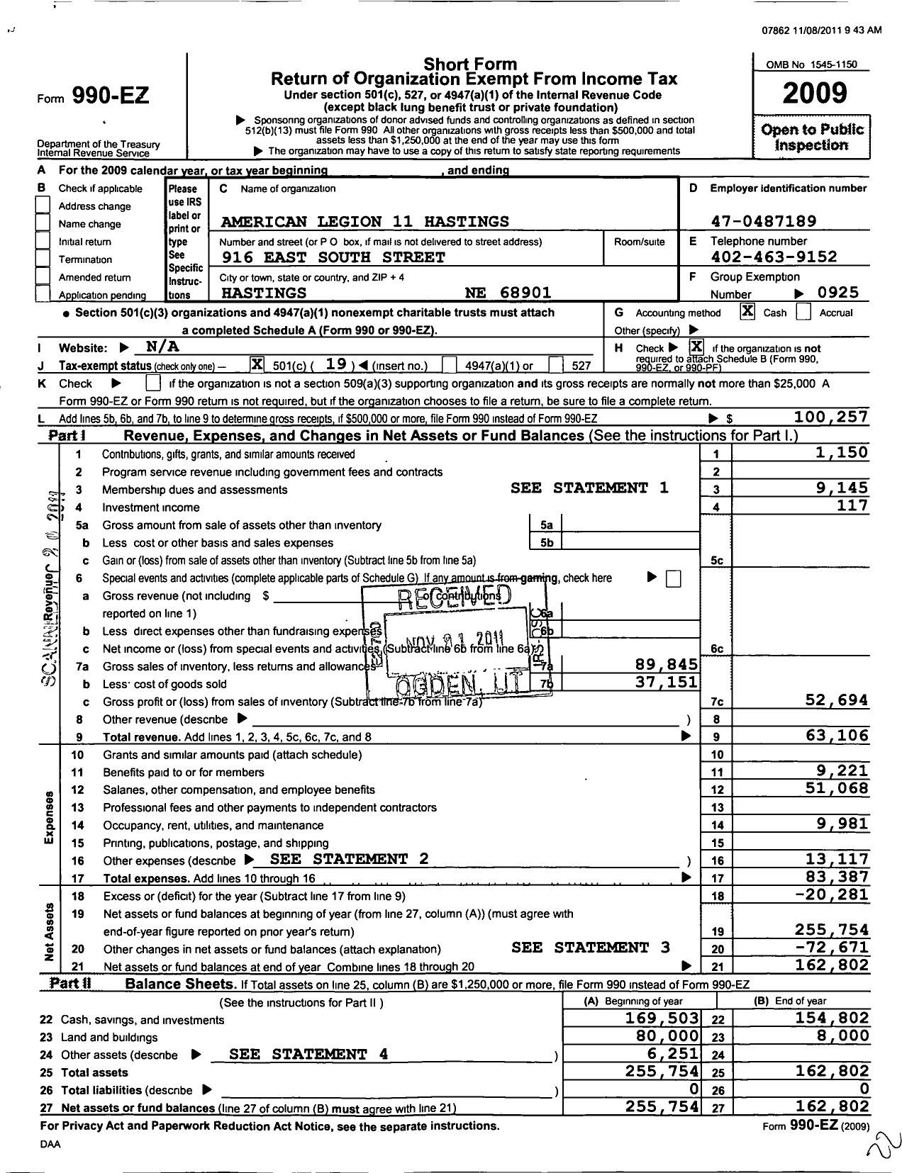 Image of first page of 2009 Form 990EO for American Legion - 11 Hastings