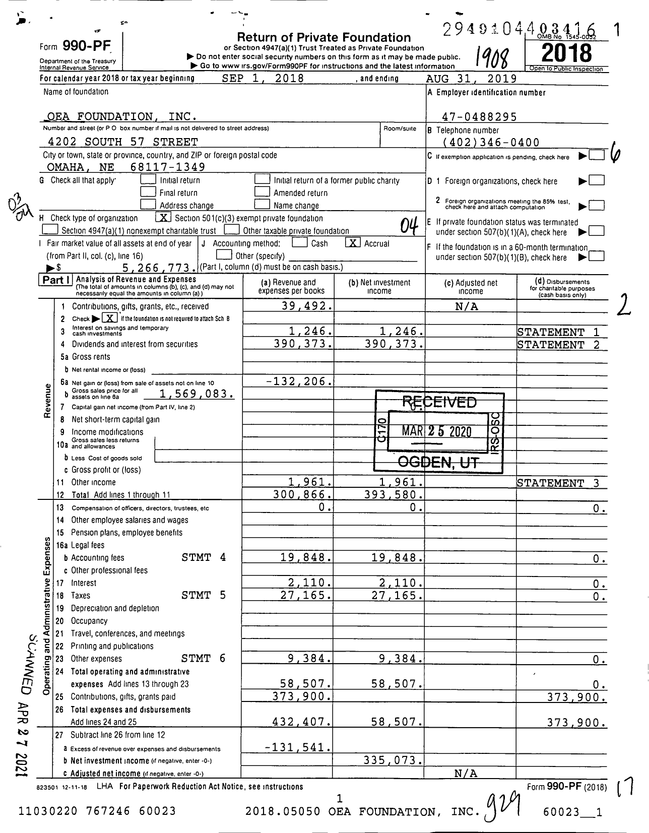 Image of first page of 2018 Form 990PF for Oea Foundation