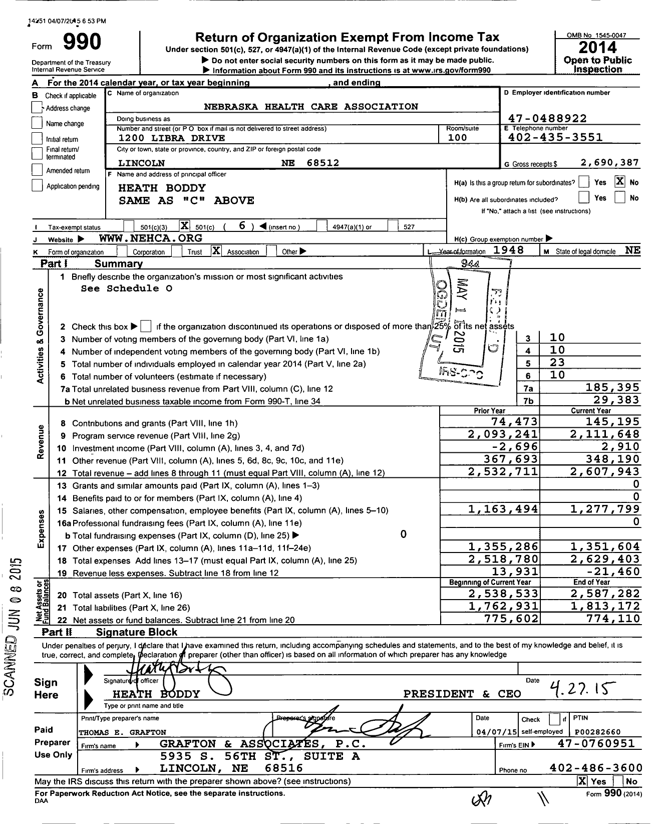 Image of first page of 2014 Form 990O for Nebraska Health Care Association