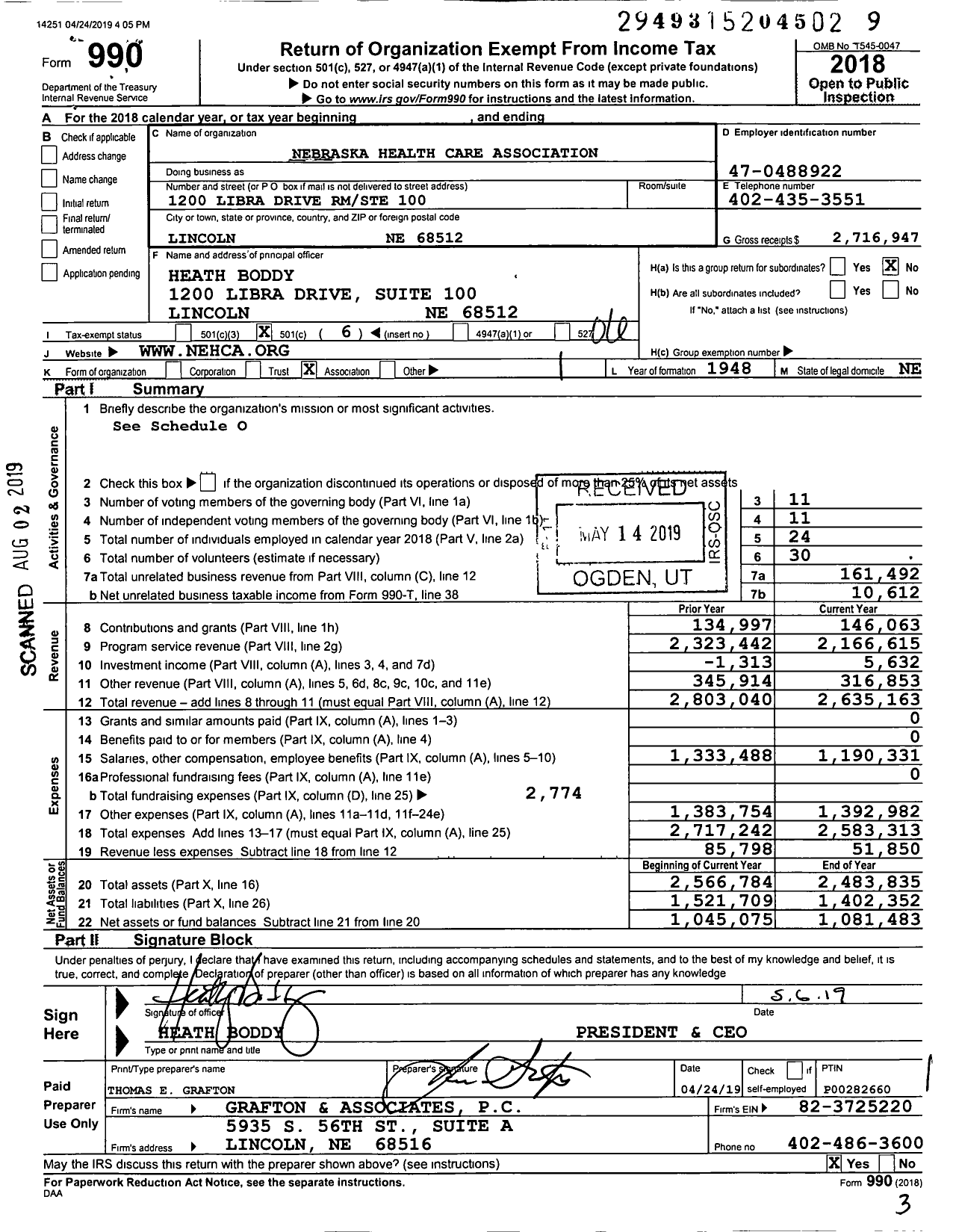Image of first page of 2018 Form 990O for Nebraska Health Care Association