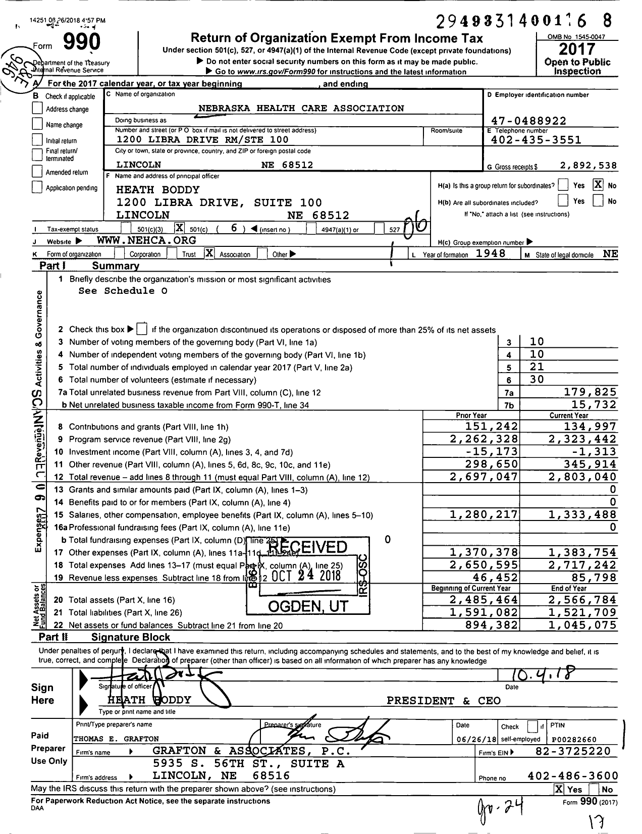 Image of first page of 2017 Form 990O for Nebraska Health Care Association