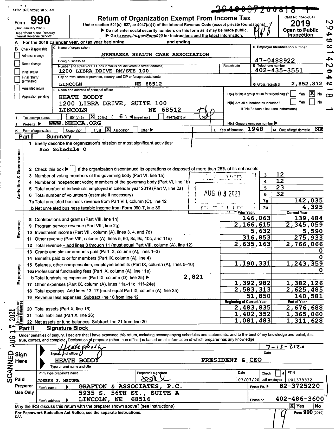 Image of first page of 2019 Form 990O for Nebraska Health Care Association