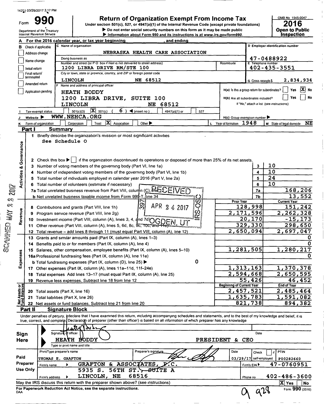 Image of first page of 2016 Form 990O for Nebraska Health Care Association