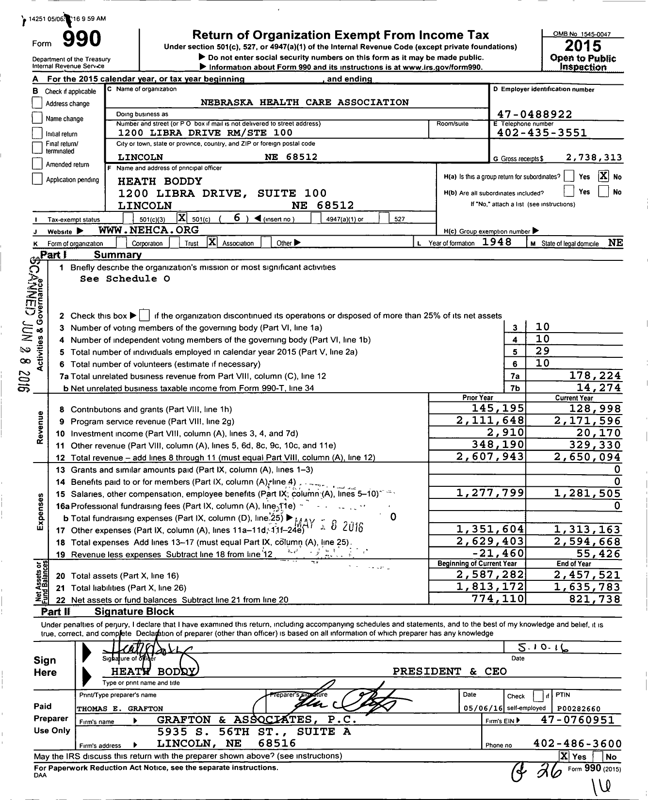 Image of first page of 2015 Form 990O for Nebraska Health Care Association