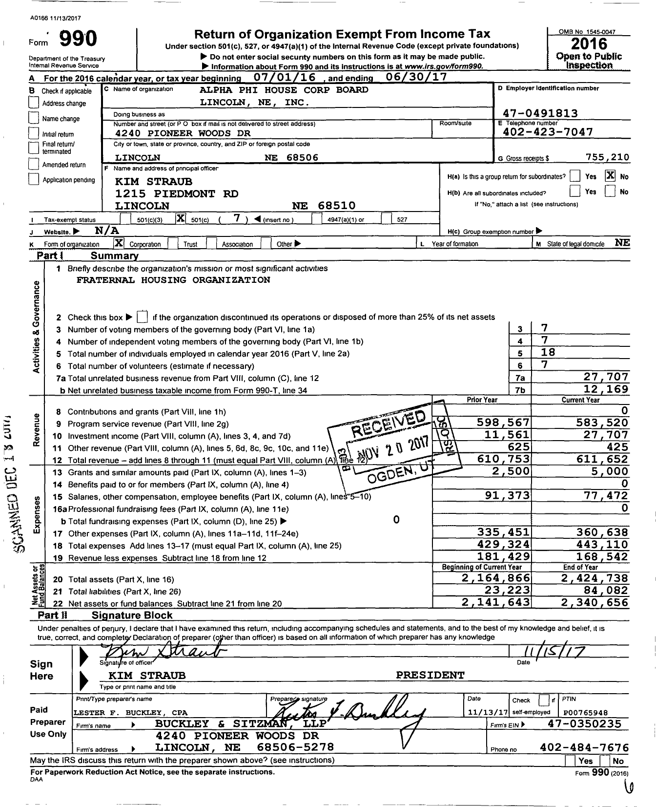 Image of first page of 2016 Form 990O for Alpha Phi House Corp Board Lincoln Ne