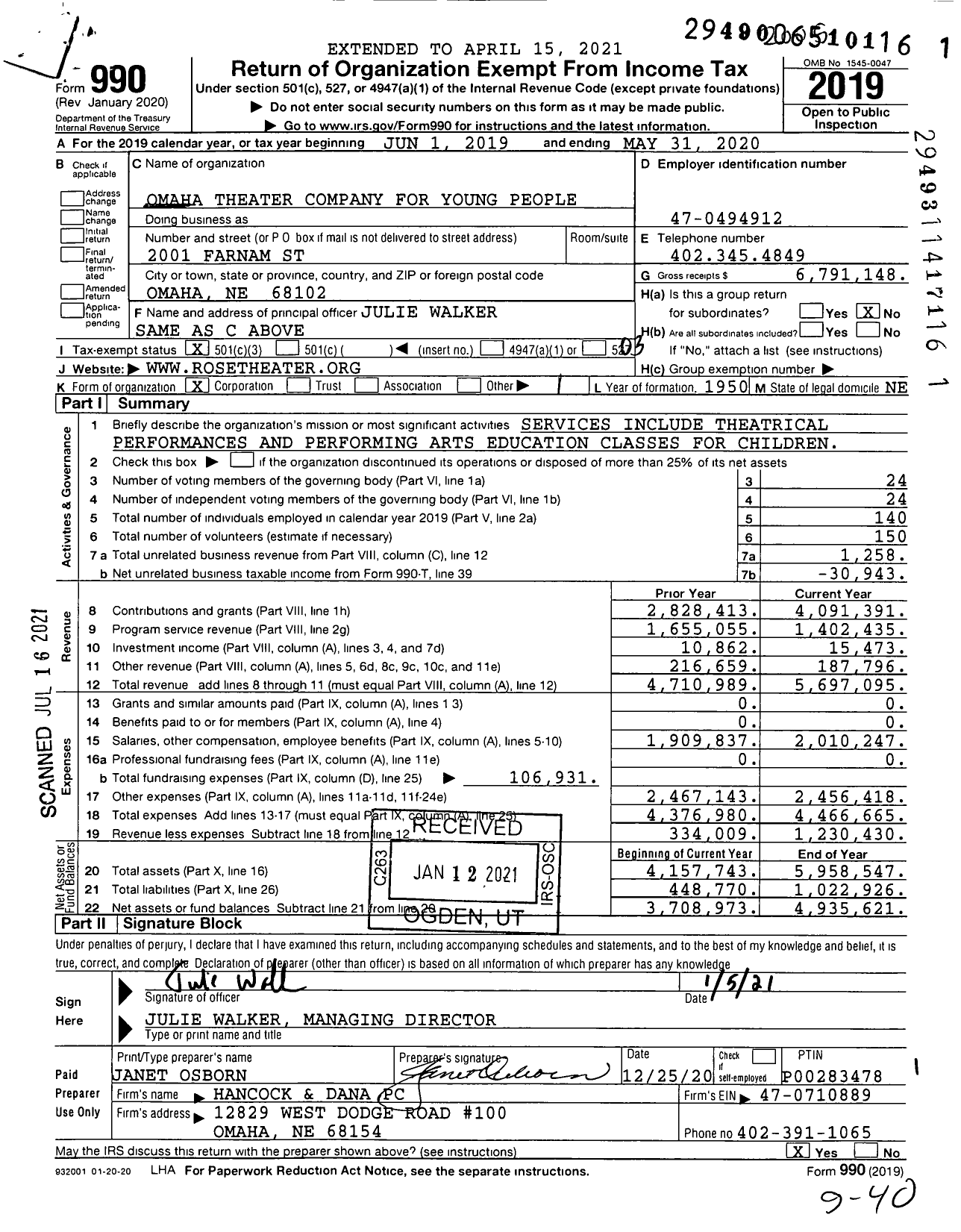 Image of first page of 2019 Form 990 for Omaha Theater Company
