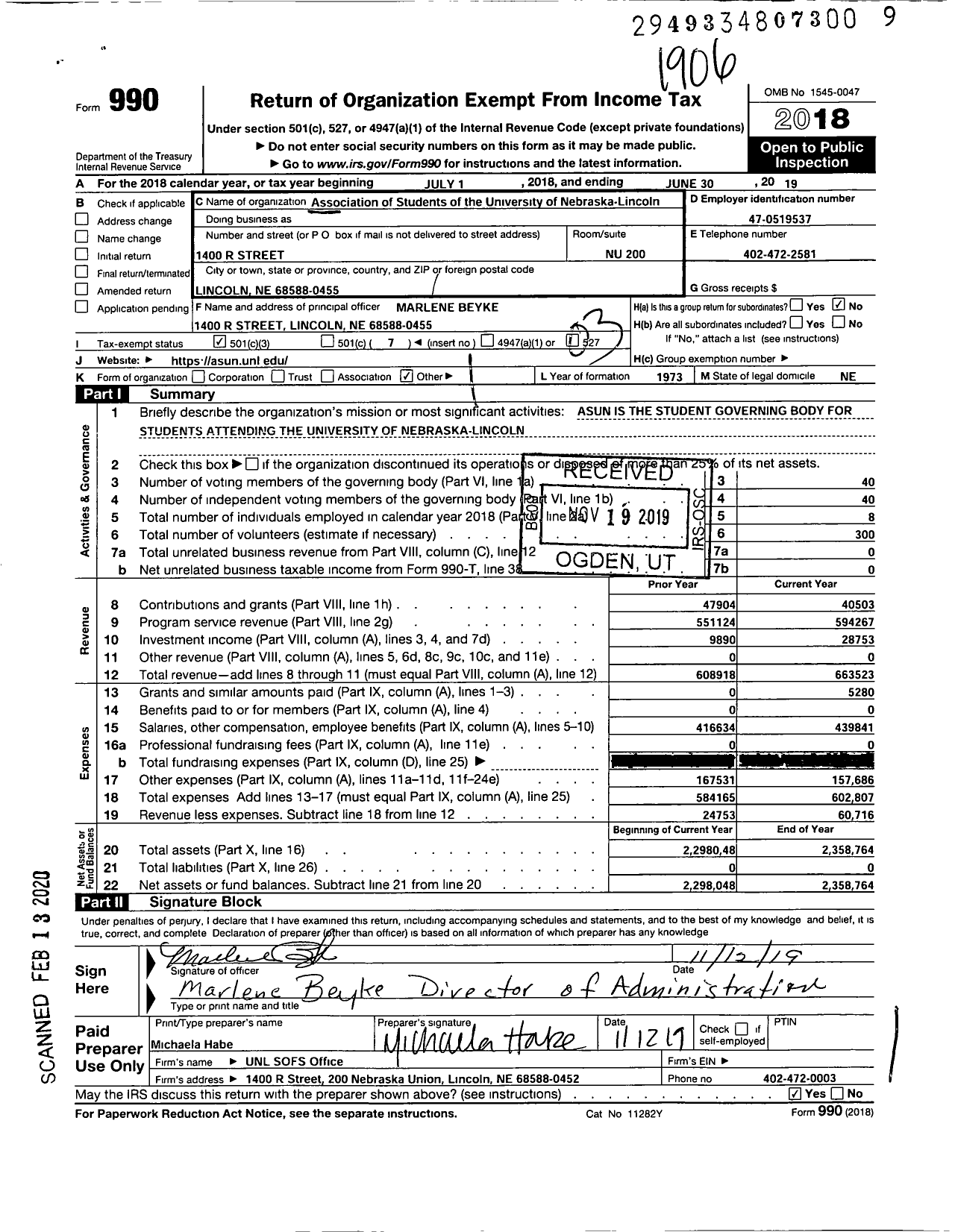 Image of first page of 2018 Form 990 for Association of Students of the University of Nebraska