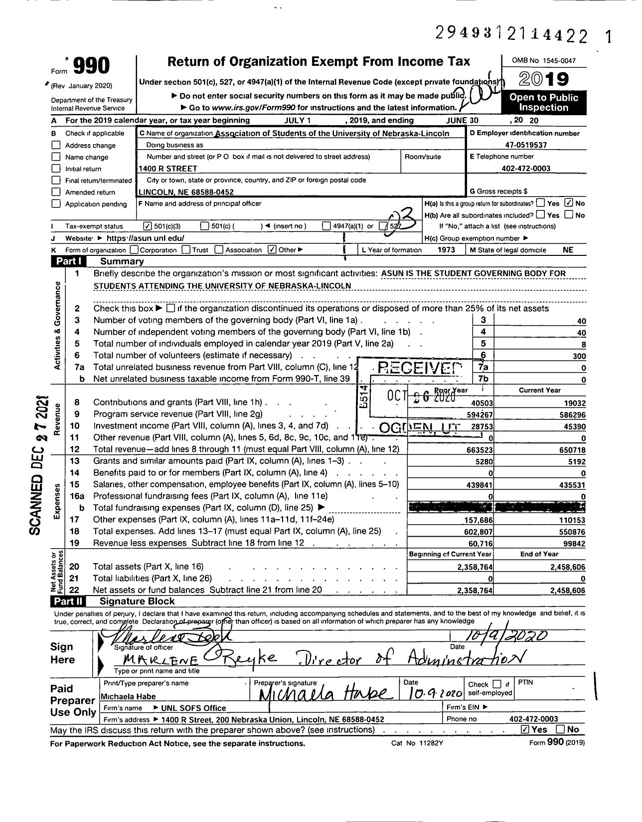 Image of first page of 2019 Form 990 for Association of Students of the University of Nebraska