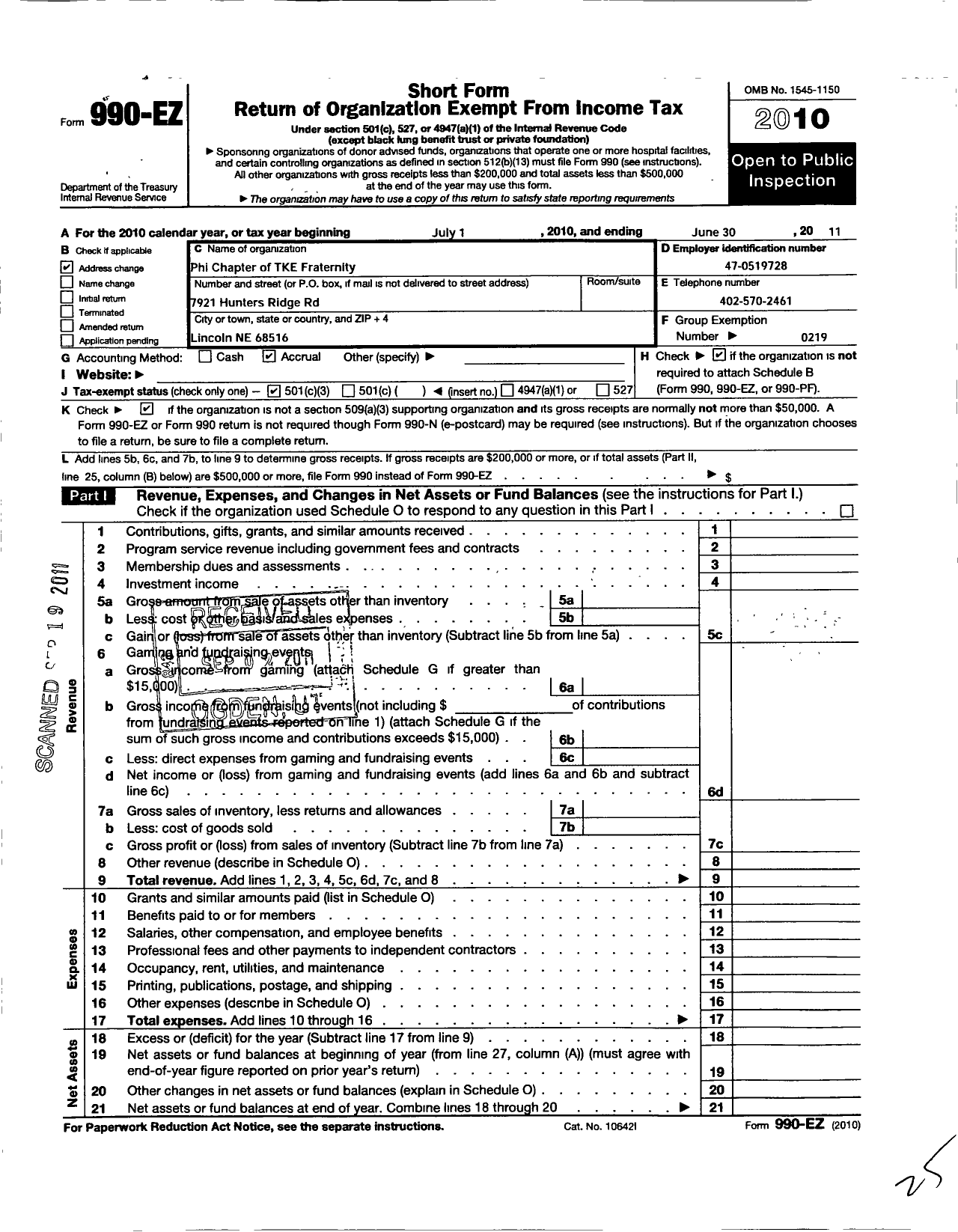 Image of first page of 2010 Form 990EZ for Tau Kappa Epsilon Fraternity - 121 Phi Chapter