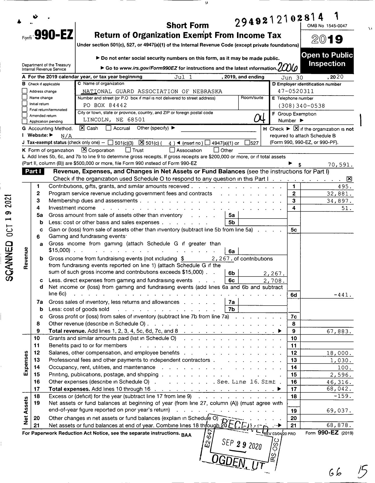 Image of first page of 2019 Form 990EO for National Guard Association of Nebraska