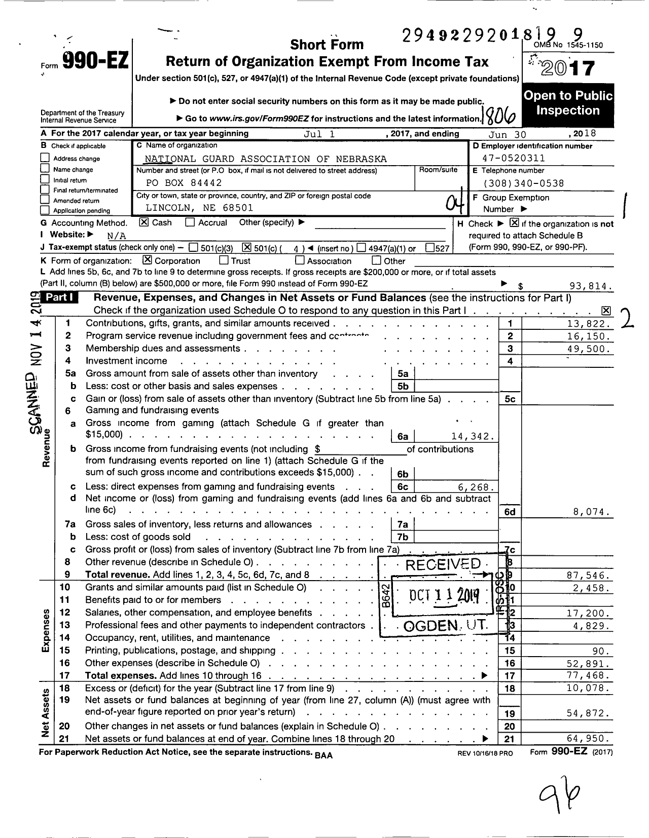 Image of first page of 2017 Form 990EO for National Guard Association of Nebraska