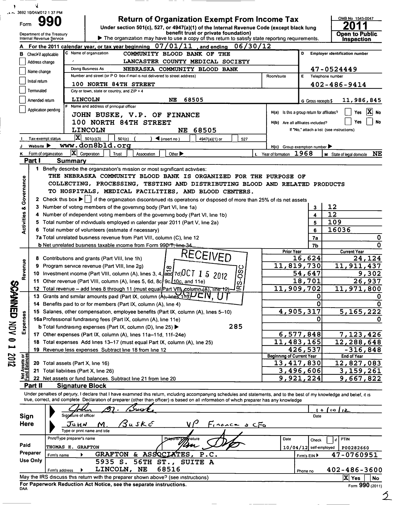 Image of first page of 2011 Form 990 for Nebraska Community Blood Bank (NCBB)