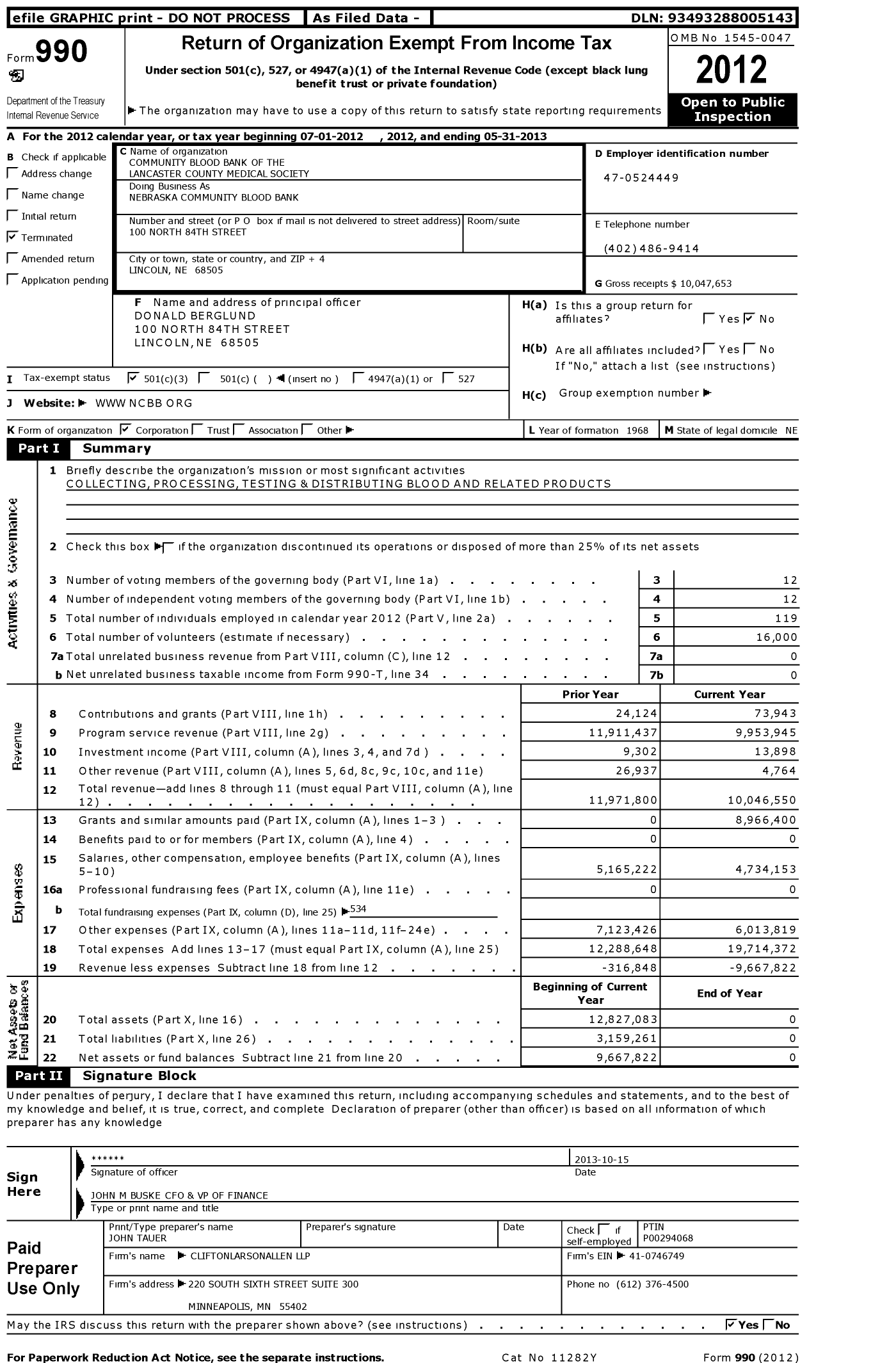 Image of first page of 2012 Form 990 for Nebraska Community Blood Bank (NCBB)