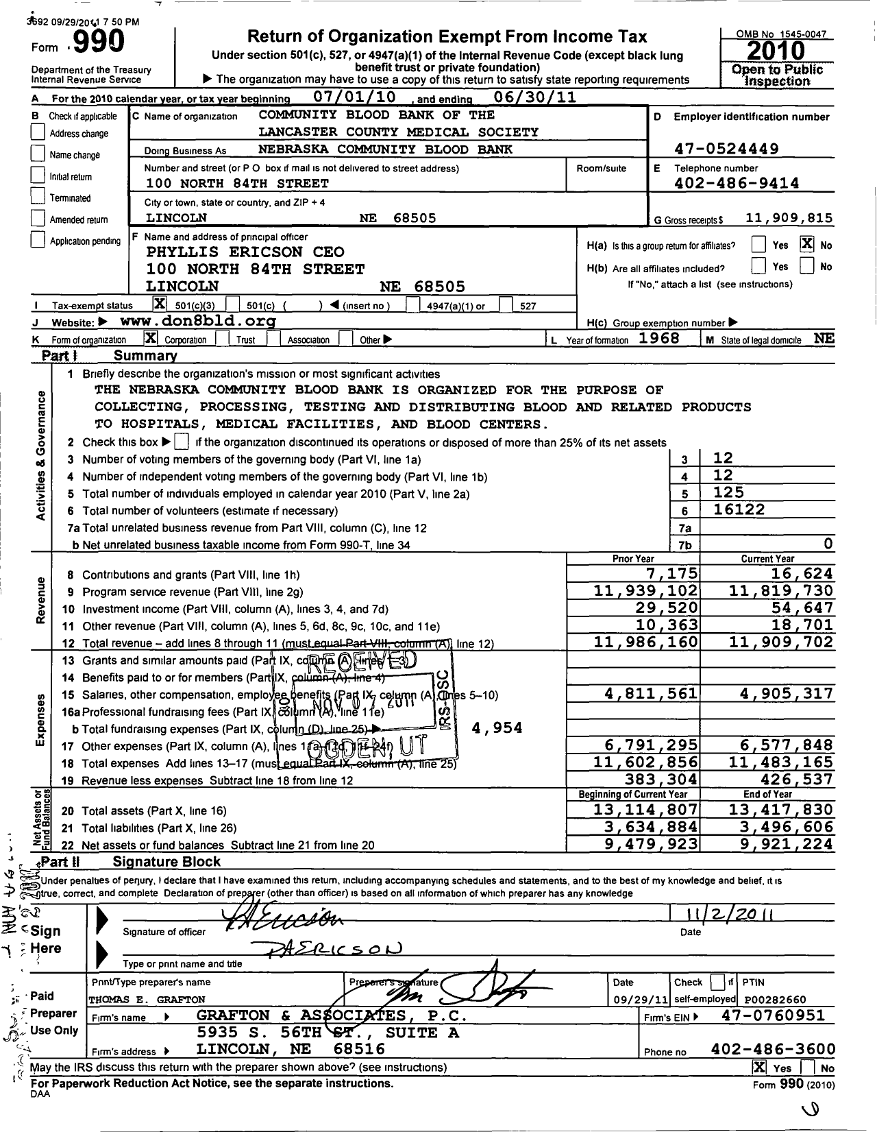 Image of first page of 2010 Form 990 for Nebraska Community Blood Bank (NCBB)