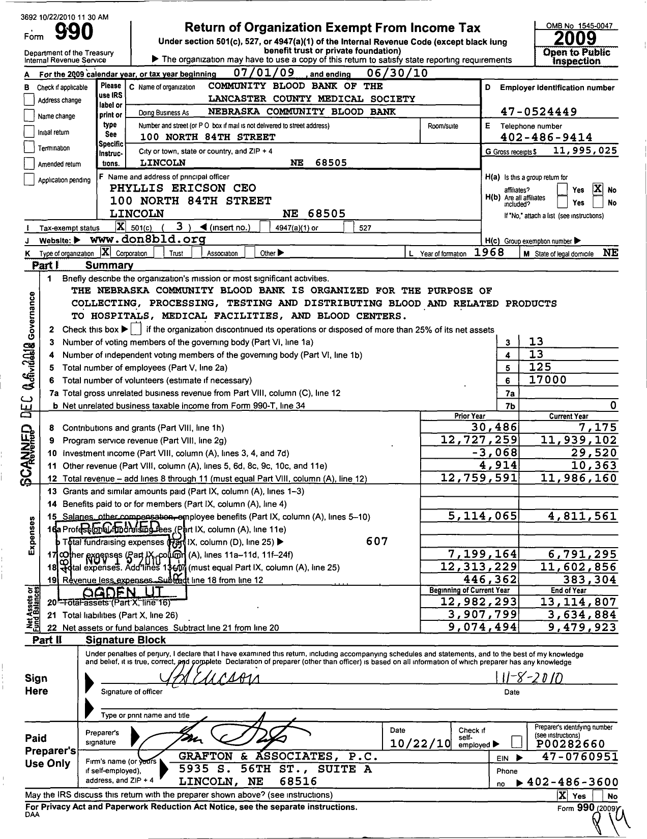 Image of first page of 2009 Form 990 for Nebraska Community Blood Bank (NCBB)