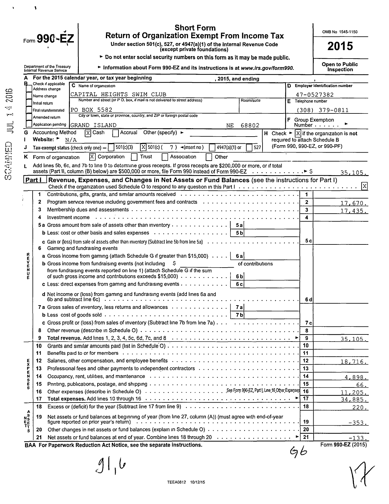 Image of first page of 2015 Form 990EO for Capital Heights Swim Club