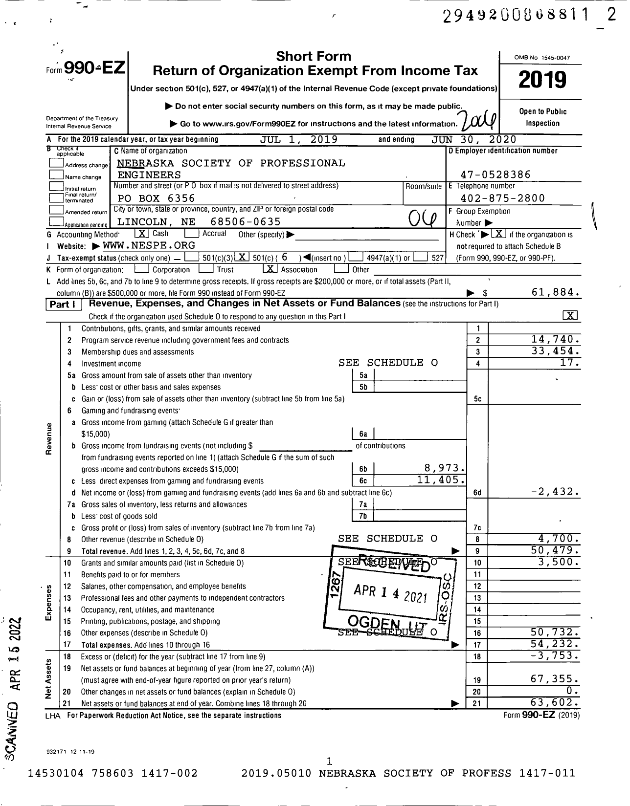 Image of first page of 2019 Form 990EO for Nebraska Society of Professional Engineers