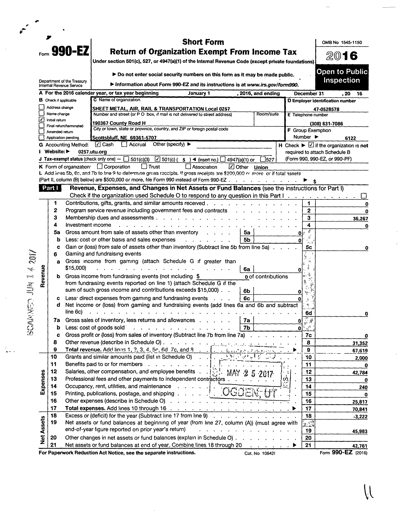 Image of first page of 2016 Form 990EO for Smart Union - 257 TD