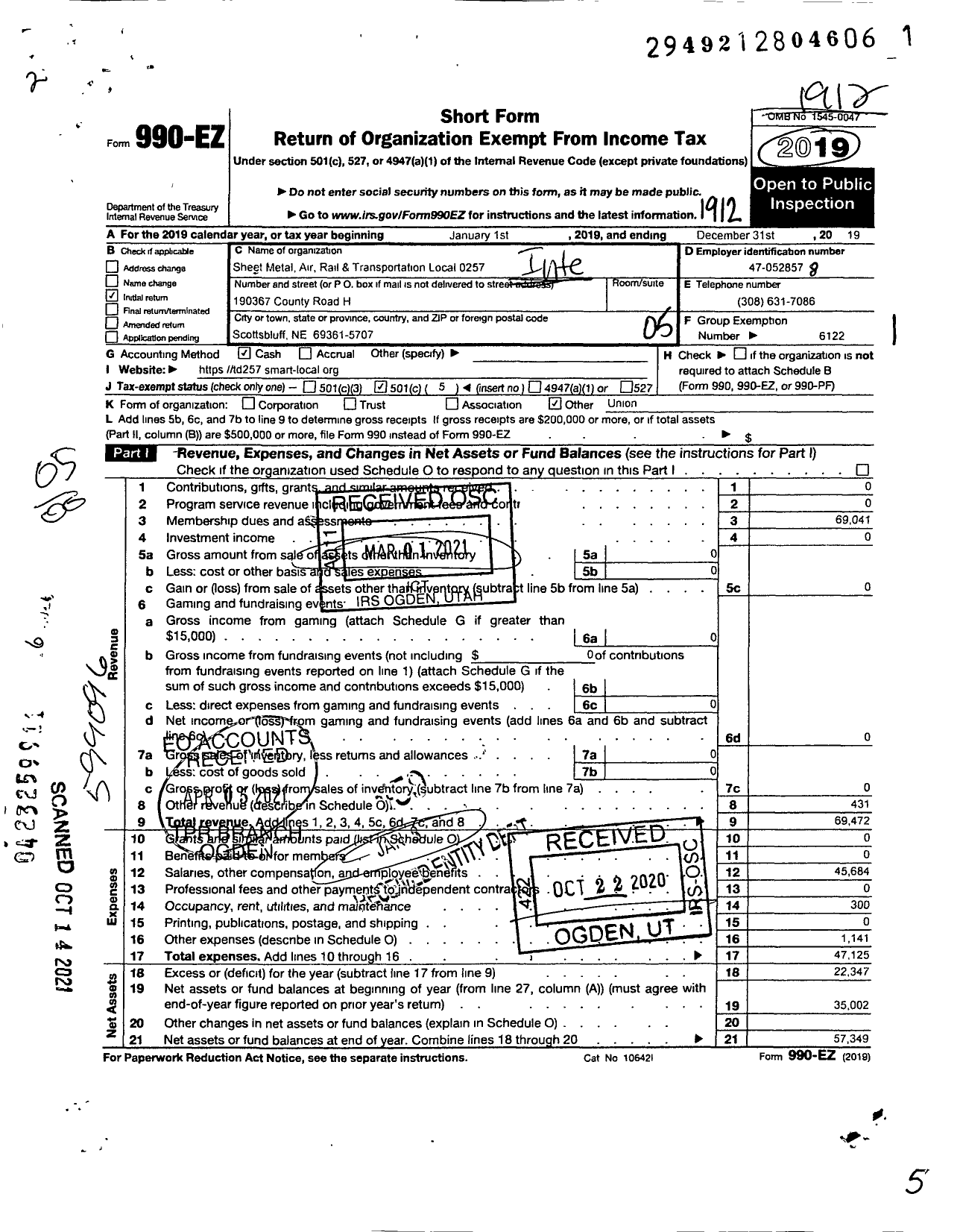 Image of first page of 2019 Form 990EO for Smart Union - 257 TD