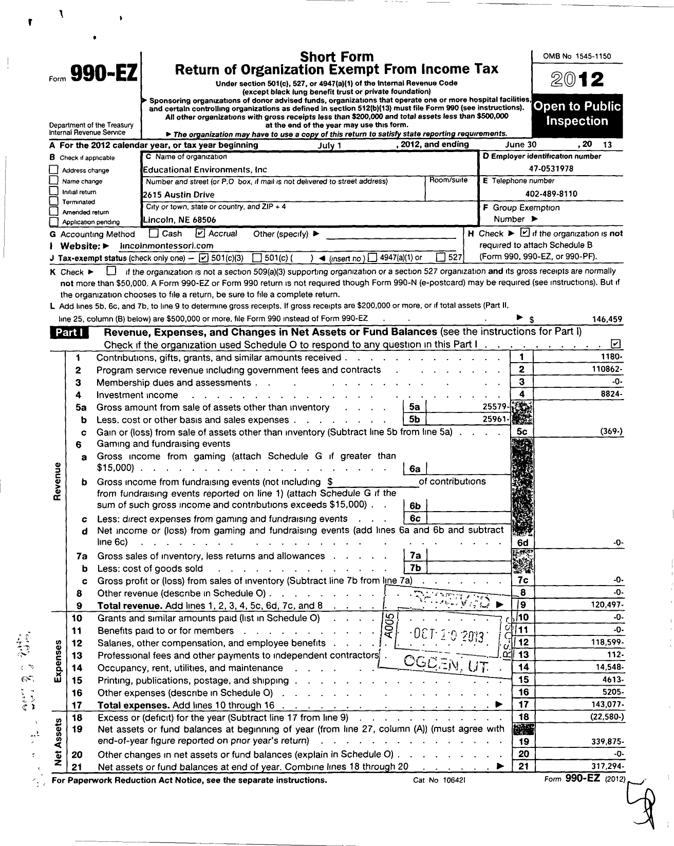 Image of first page of 2012 Form 990EZ for Educational Environments