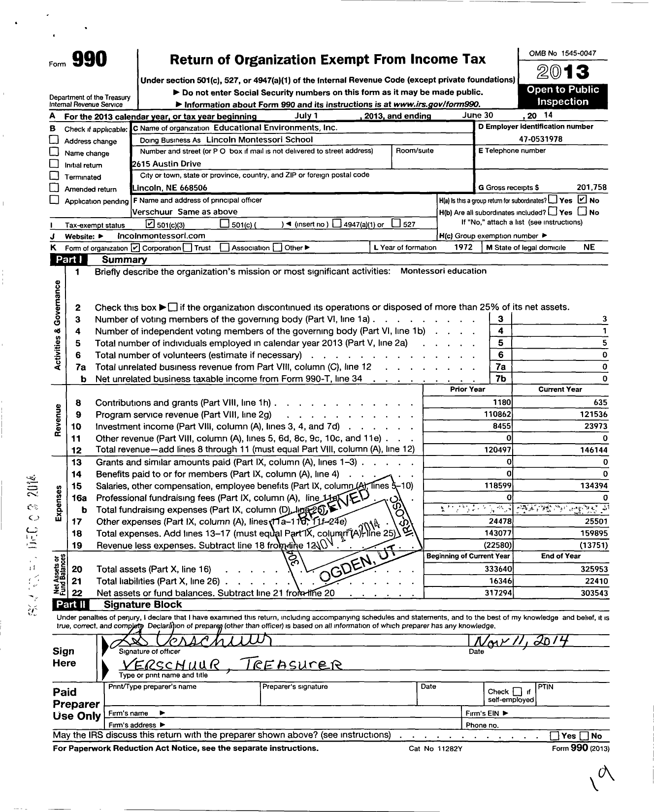 Image of first page of 2013 Form 990 for Educational Environments