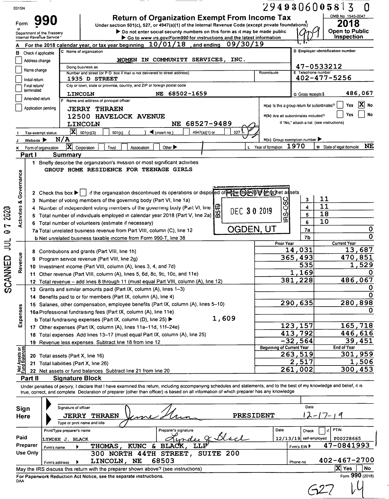 Image of first page of 2018 Form 990 for Women in Community Services