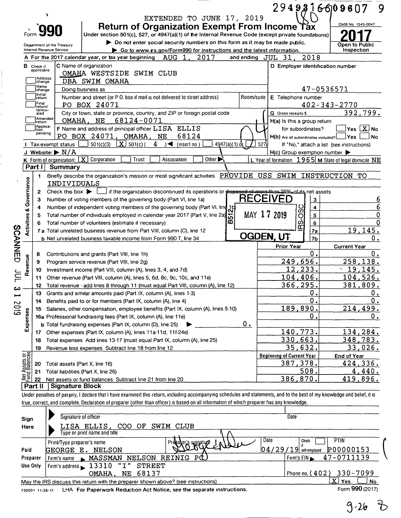 Image of first page of 2017 Form 990O for Swim Omaha