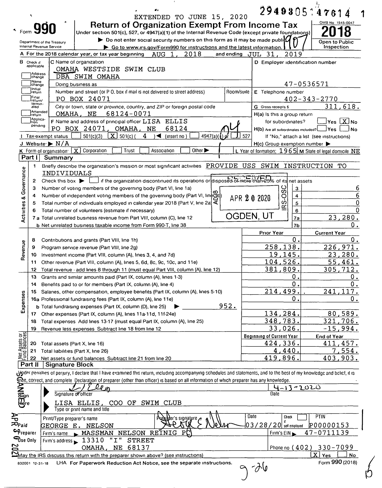 Image of first page of 2018 Form 990O for Swim Omaha