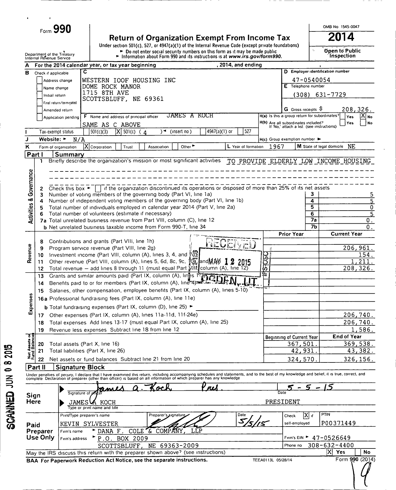 Image of first page of 2014 Form 990O for Western Ioof Housing