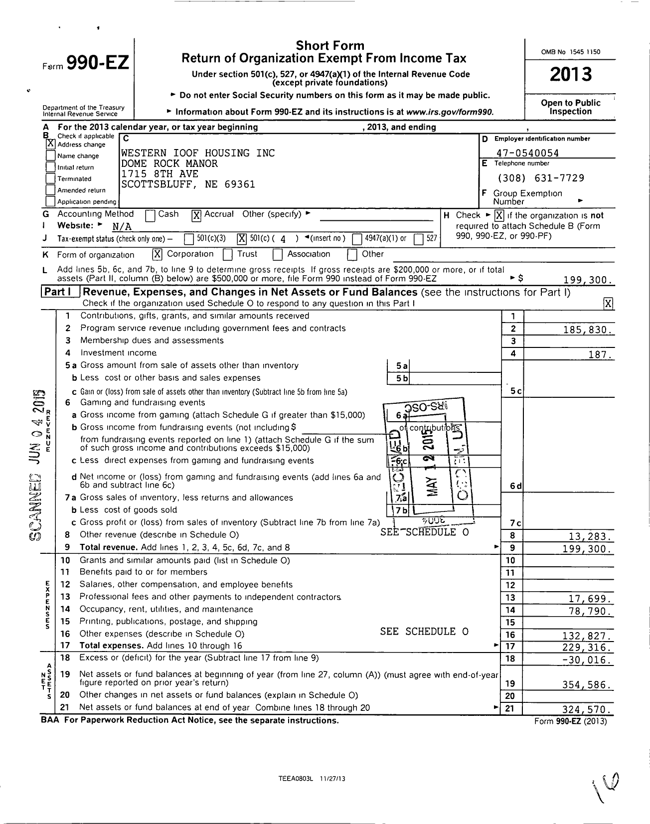 Image of first page of 2013 Form 990EO for Western Ioof Housing