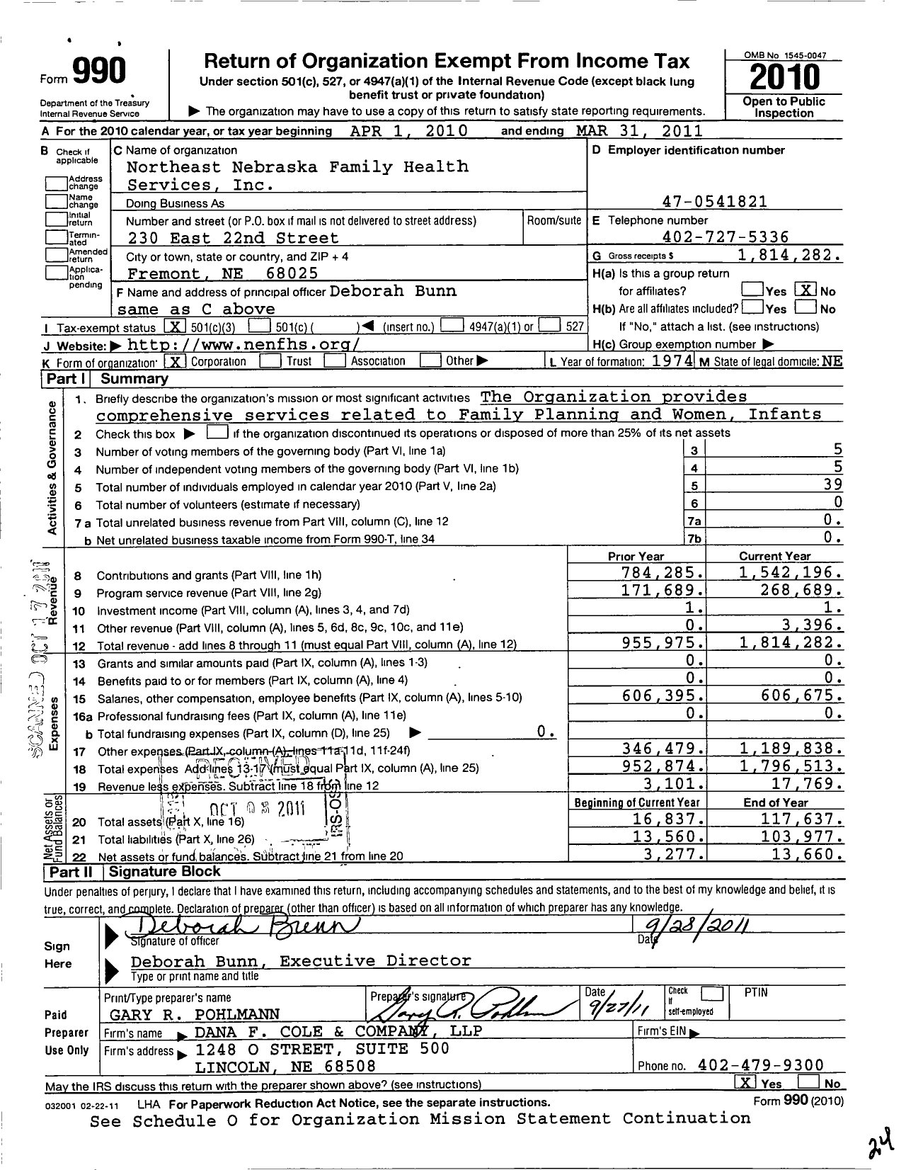 Image of first page of 2010 Form 990 for Northeast Nebraska Family Health Services