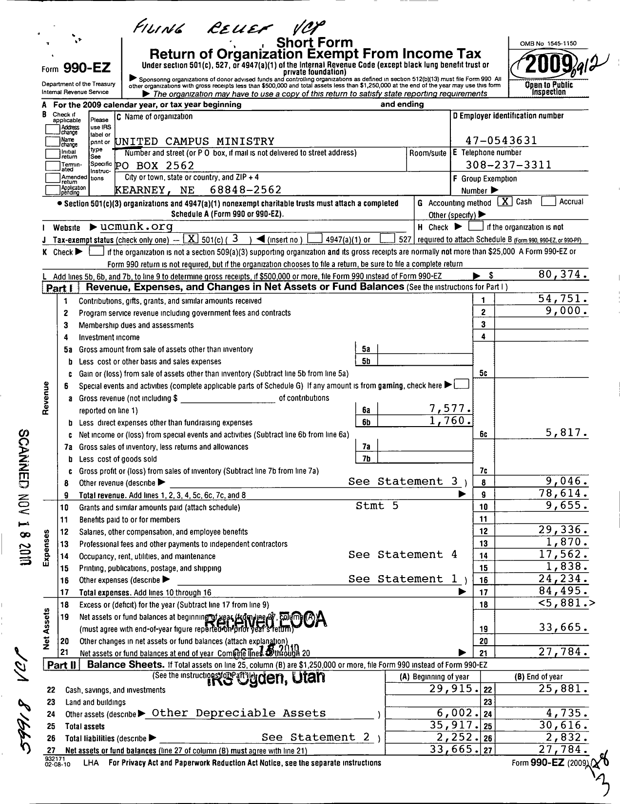 Image of first page of 2009 Form 990EZ for United Campus Ministry