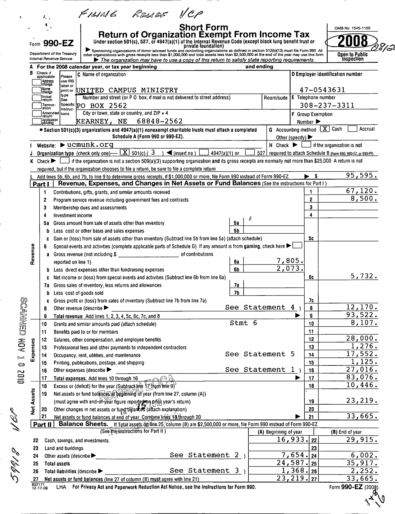 Image of first page of 2008 Form 990EZ for United Campus Ministry