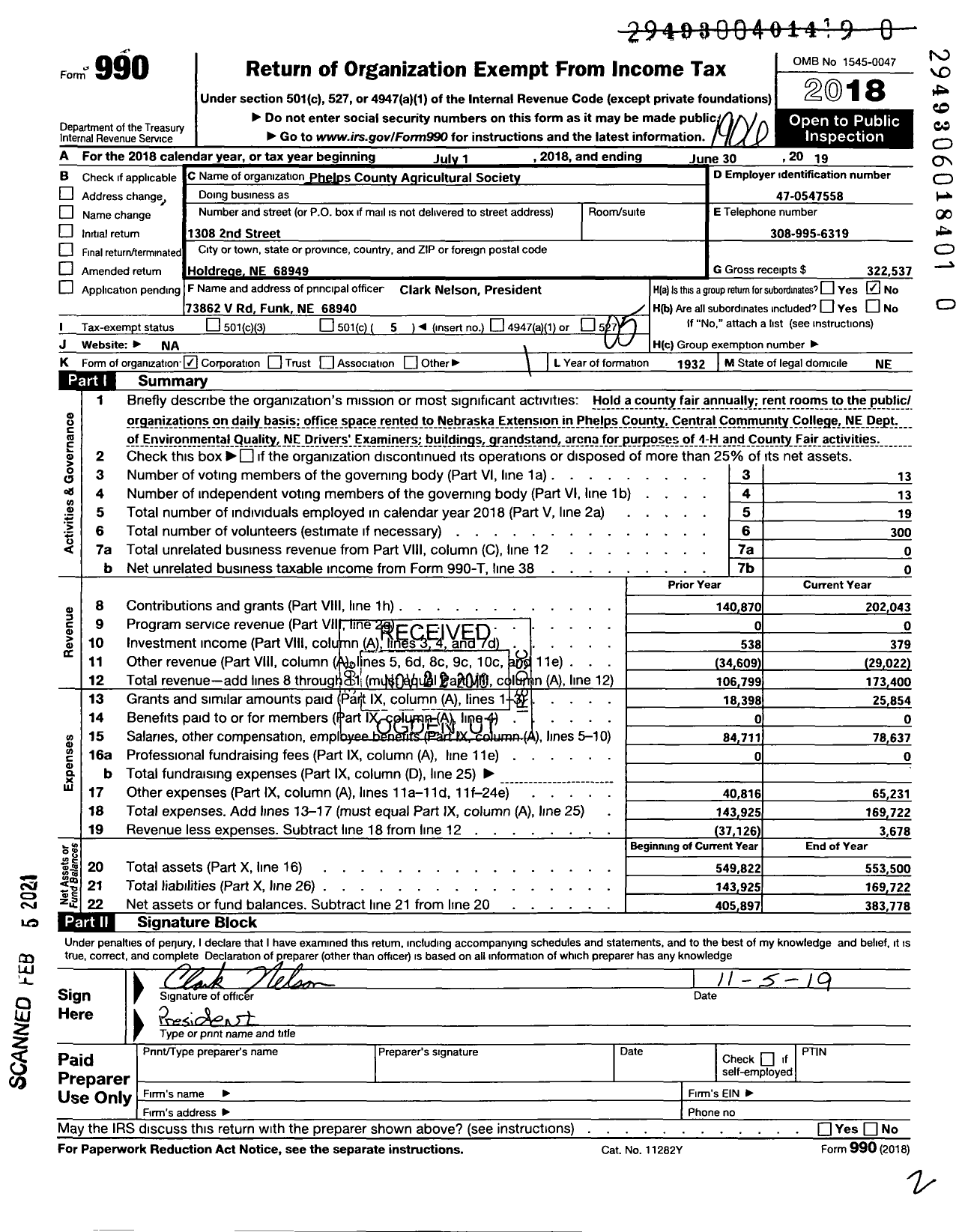 Image of first page of 2018 Form 990O for Phelps County Agricultural Society