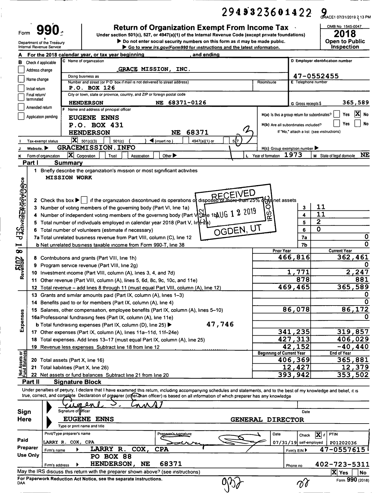 Image of first page of 2018 Form 990 for Grace Mission