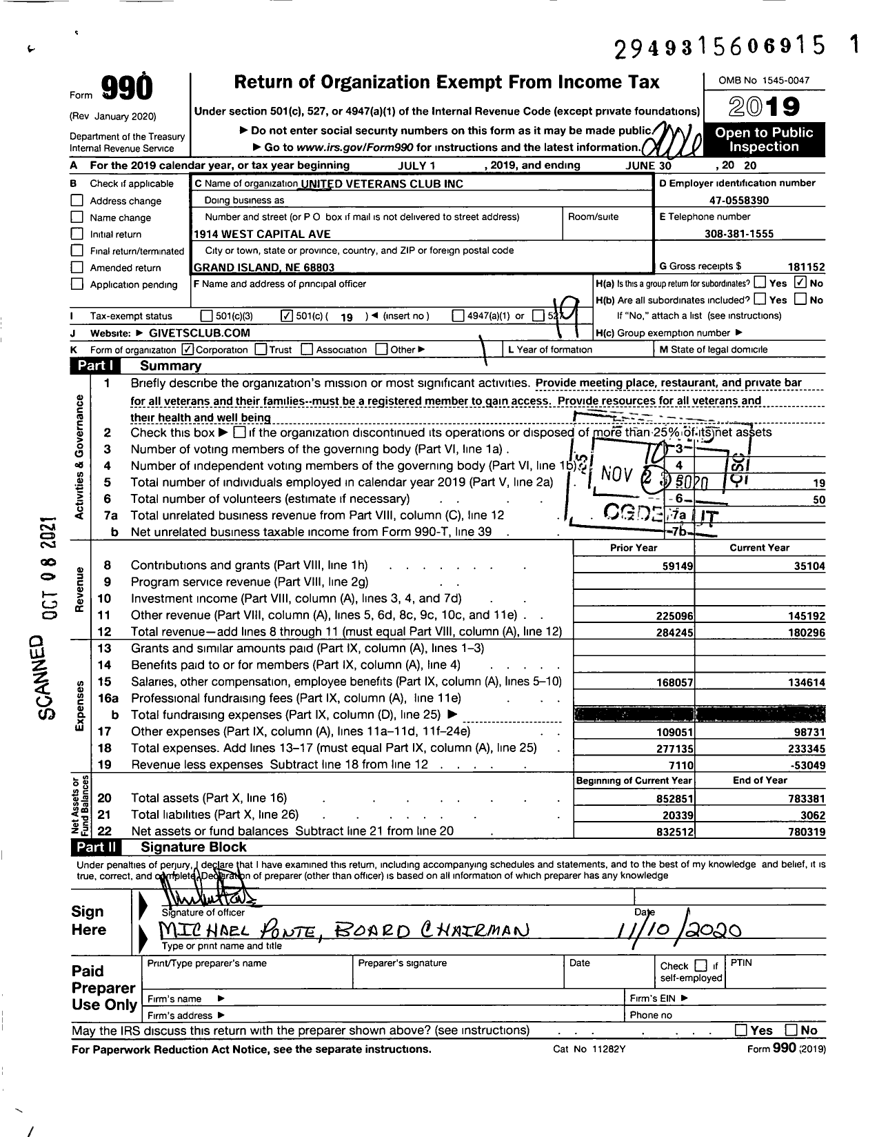 Image of first page of 2019 Form 990O for United Veterans Club