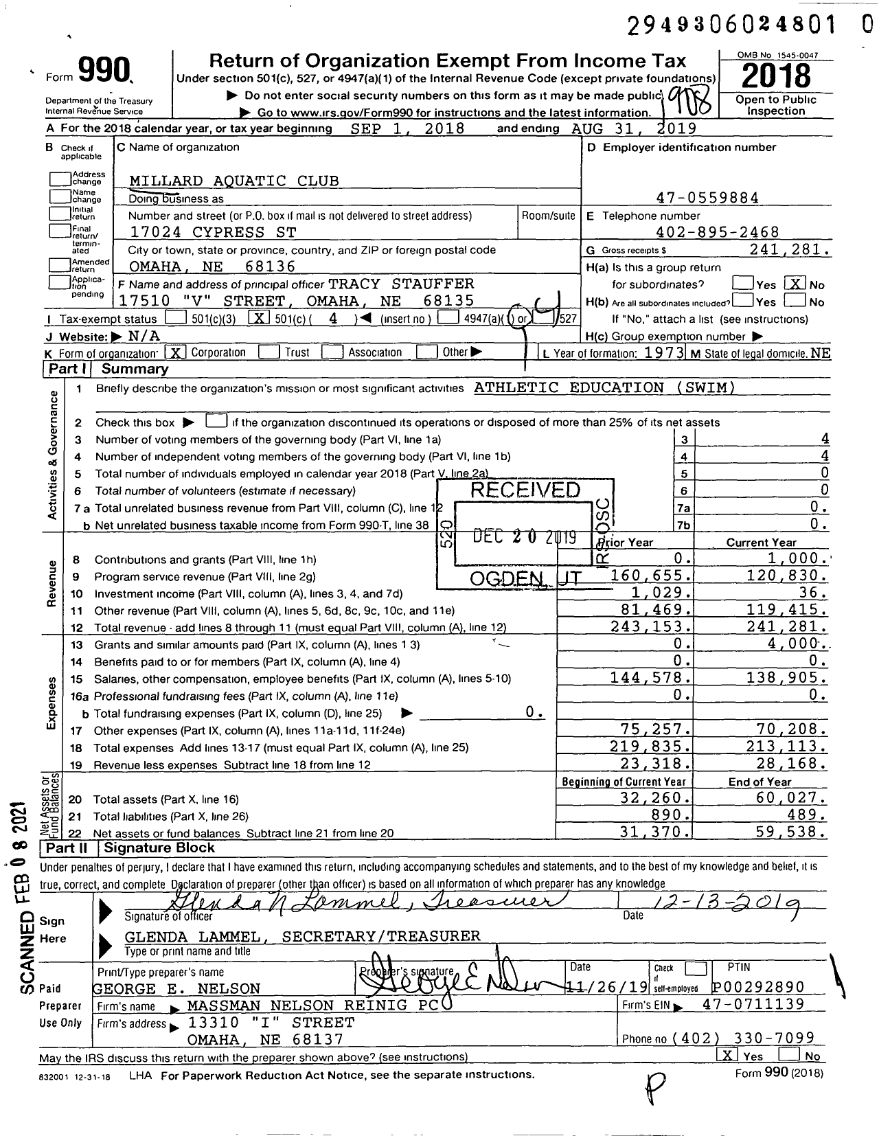 Image of first page of 2018 Form 990O for Millard Aquatic Club