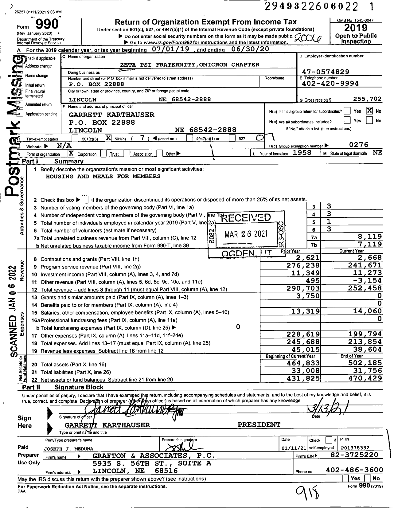 Image of first page of 2019 Form 990O for Zeta Psi Fraternityomicron Chapter