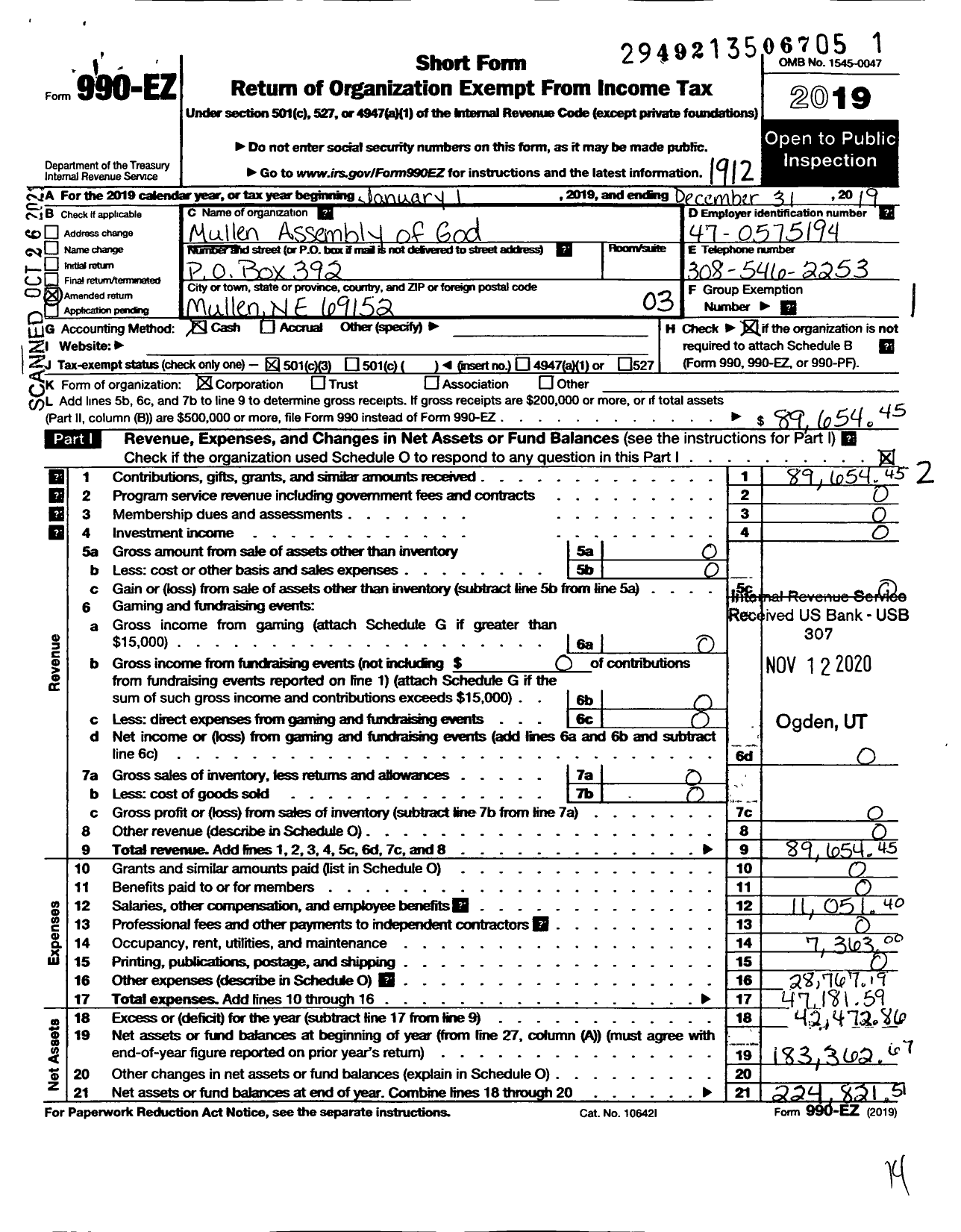 Image of first page of 2019 Form 990EZ for Mullen Assembly of God