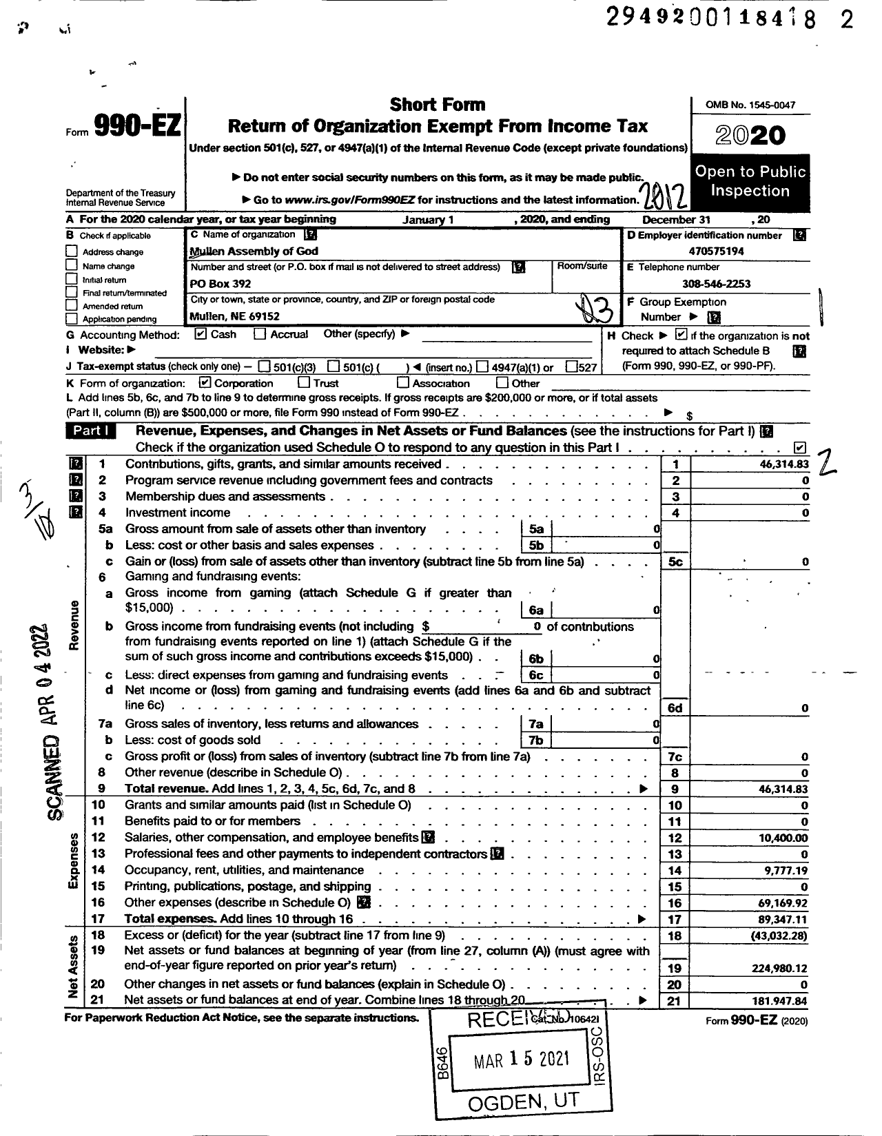 Image of first page of 2020 Form 990EZ for Mullen Assembly of God