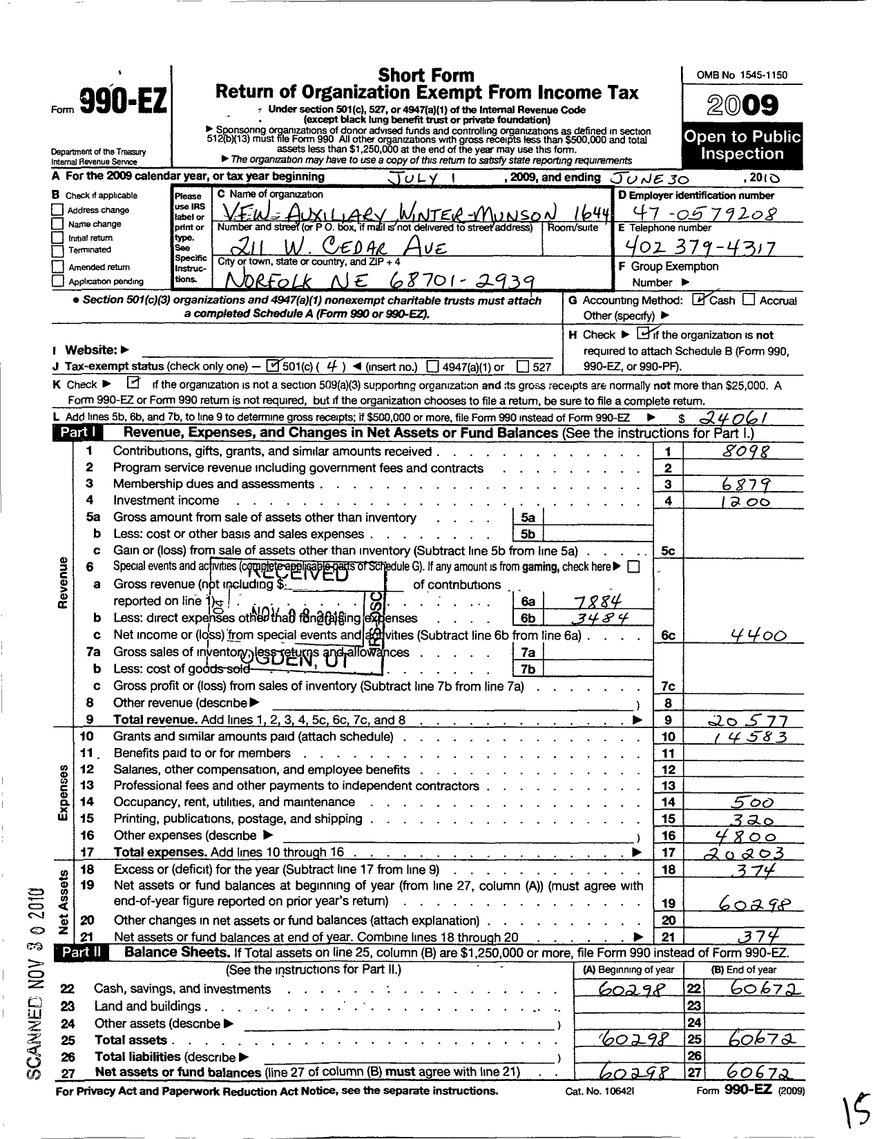 Image of first page of 2009 Form 990EO for VFW Auxiliary Winter Munson 1644