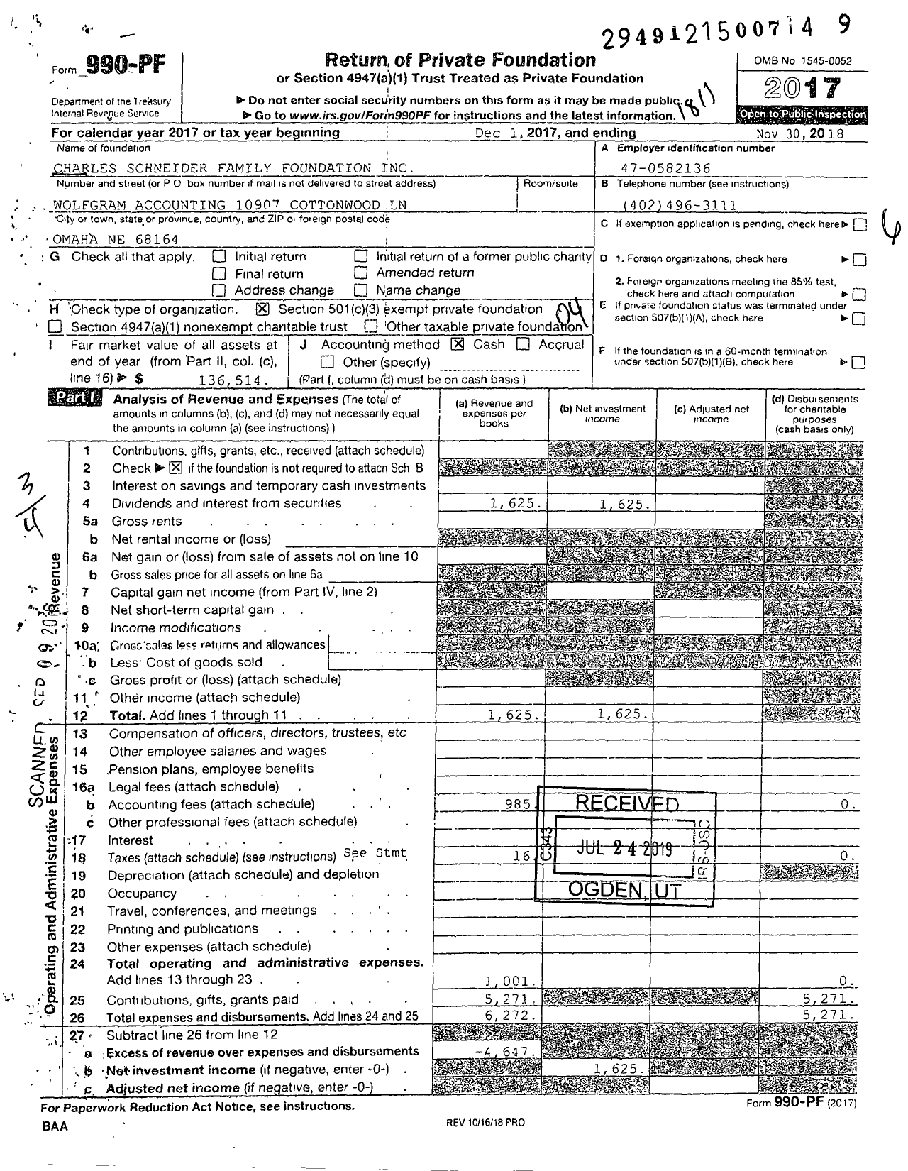 Image of first page of 2017 Form 990PF for Charles Schneider Family Foundation
