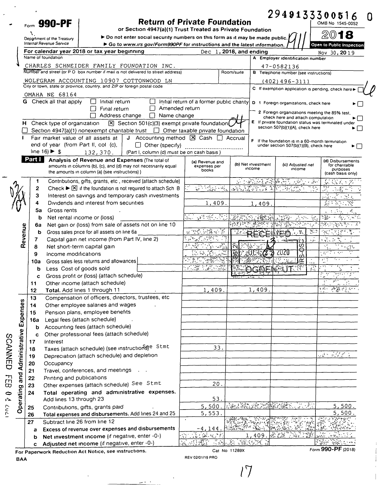 Image of first page of 2018 Form 990PF for Charles Schneider Family Foundation