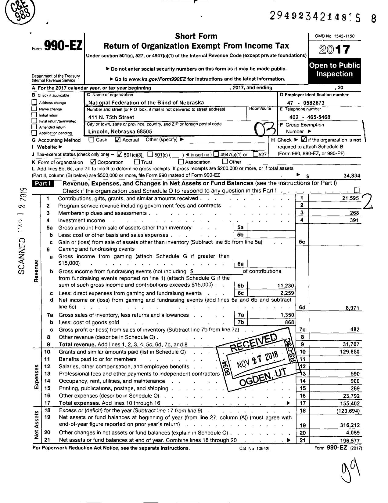 Image of first page of 2017 Form 990EZ for National Federation of the Blind of Nebraska