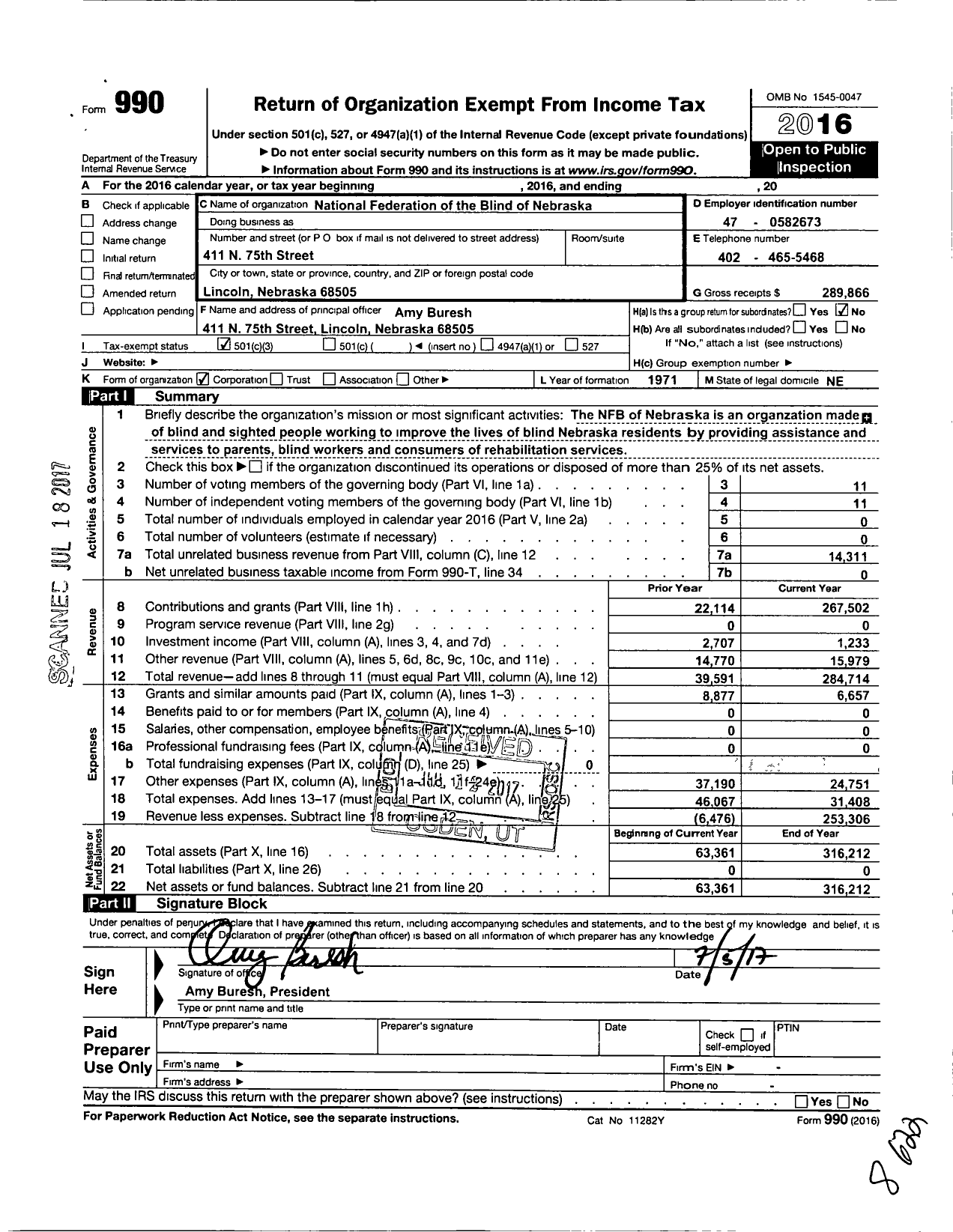 Image of first page of 2016 Form 990 for National Federation of the Blind of Nebraska