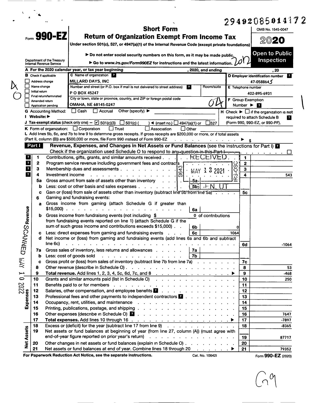 Image of first page of 2020 Form 990EO for Millard Days